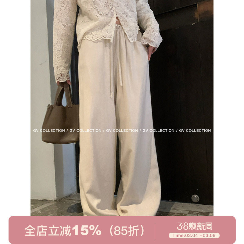 GV大白哥 简调日常 亚麻抽绳直筒松紧腰休闲裤显瘦设计感新款裤子