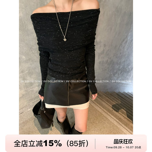 翻领露肩星点针织羊毛修身上衣