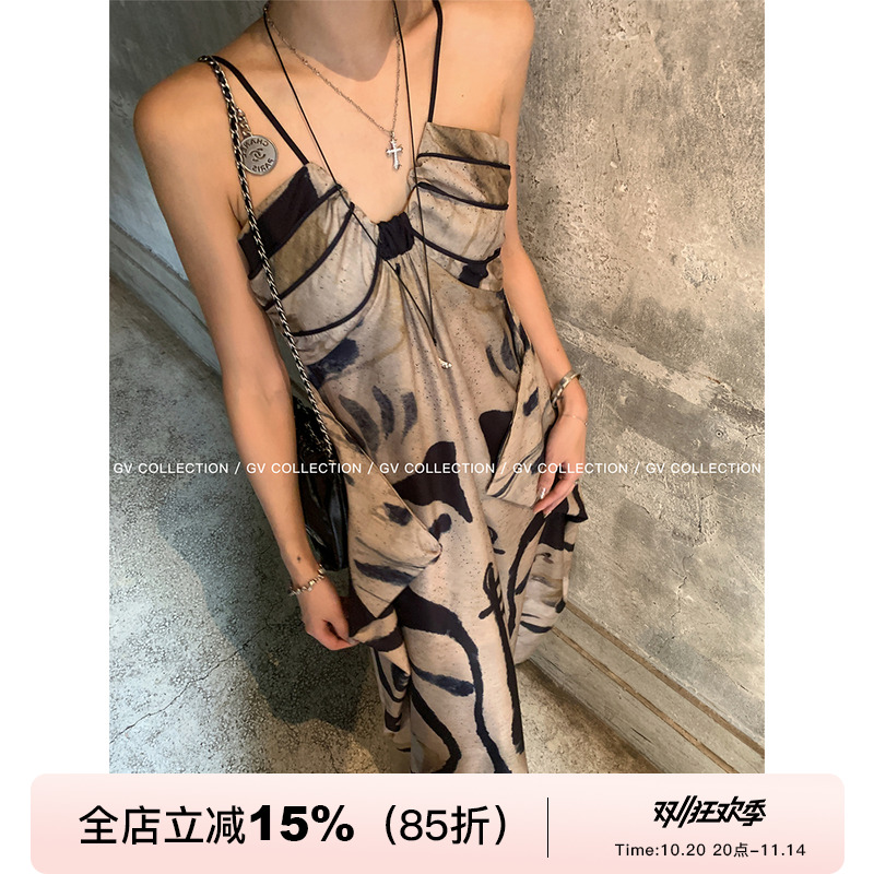 GV大白哥 中式油画 设计感国风晕染吊带连衣裙细肩带优雅长裙女