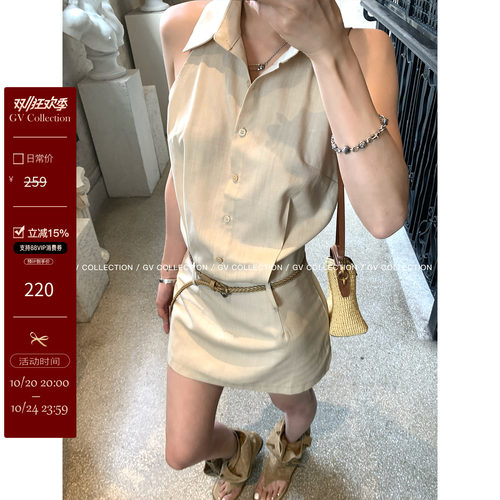 天丝亚麻立领收腰复古连衣裙