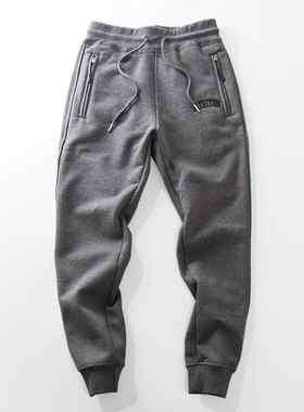 米西小铺冬季新品灰色加绒加厚保暖小刺绣束脚休闲运动潮男长卫裤