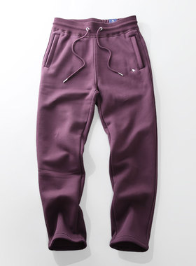 米西冬季简约微做旧茄紫色加绒加厚保暖拉链水洗直筒休闲男长卫裤