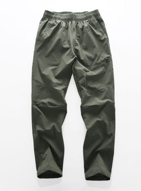 夏季薄款绿色拉链口袋松紧抽绳微弹速干休闲百搭修身潮男长裤