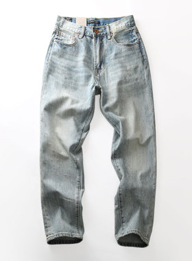 米西小铺小贝浅蓝色吊磨无弹水洗做旧纯棉宽松男牛仔长裤