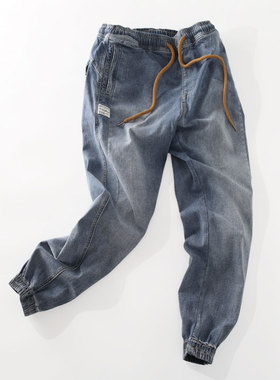 米西小铺春秋布标款浅蓝色微弹流行水洗宽松休闲抽绳九分牛仔束脚