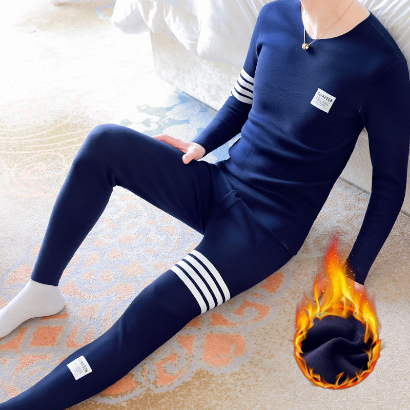 晶采男士棉质保暖套装加绒加厚