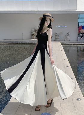 法式撞色拼接吊带连衣裙女收腰显瘦A字长裙气质