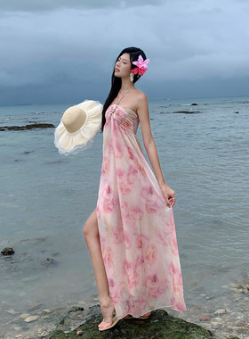 三亚海边度假沙滩裙法式挂脖连衣裙露背开叉长裙性感ootd印花雪纺
