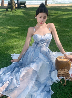 法式蓝色海边度假连衣裙仙女夏季超仙气质感高级感茶歇沙滩长裙子