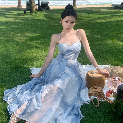 现货秒发法式蓝色海边度假连衣裙