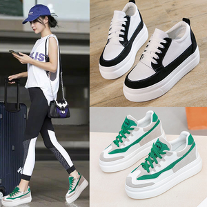 真皮内增高女鞋2024春秋新款百搭厚底运动鞋小码绿色松糕休闲单鞋