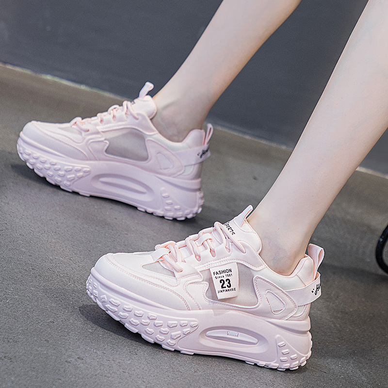 透气网韩版厚底老爹鞋粉色休闲鞋
