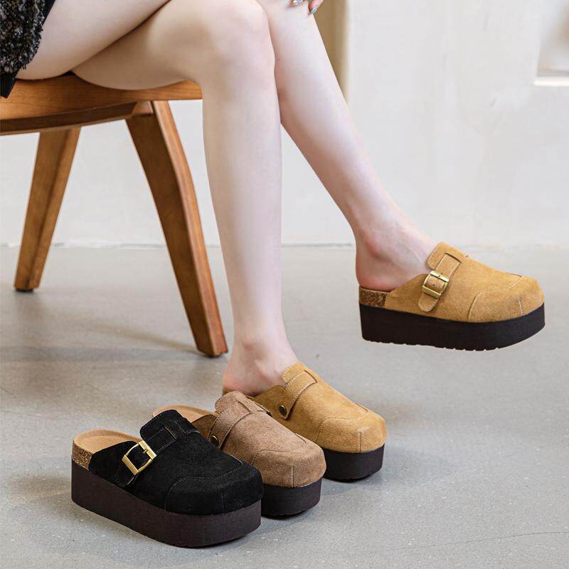 真皮厚底勃肯鞋女春秋新款百搭增高7cm外穿包头半拖鞋休闲乐福鞋