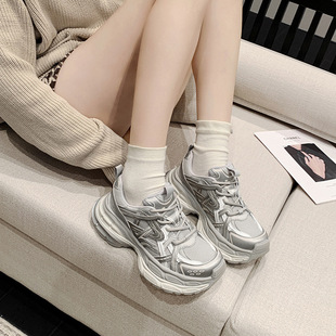真皮超火厚底老爹鞋女春夏新款增高周雨彤同款网面透气运动休闲鞋
