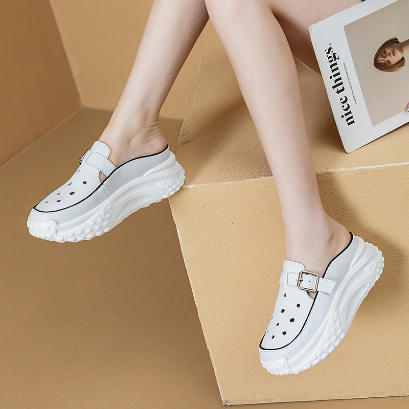 真皮洞洞透气包头半拖鞋女外穿夏新款松糕厚底小白鞋休闲增高凉拖
