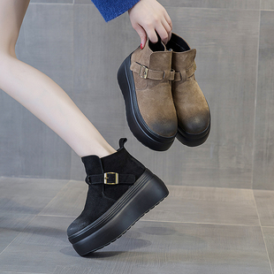磨砂牛皮厚底小皮靴女秋冬新款 增高8cm加绒马丁靴 博肯显瘦松糕鞋