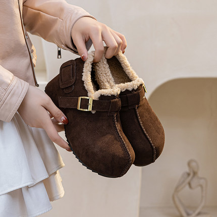 真皮厚底羊羔绒保暖博肯鞋女秋冬新款休闲增高7cm魔术贴毛毛棉鞋