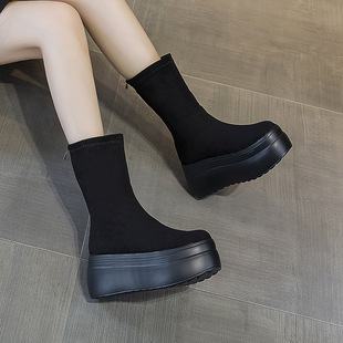 厚底马丁靴女增高8cm秋冬加绒拉链瘦瘦靴爆款 中筒松糕短靴长靴子
