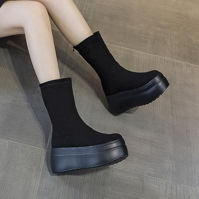 瘦瘦靴厚底增高8cm拉链松糕短靴