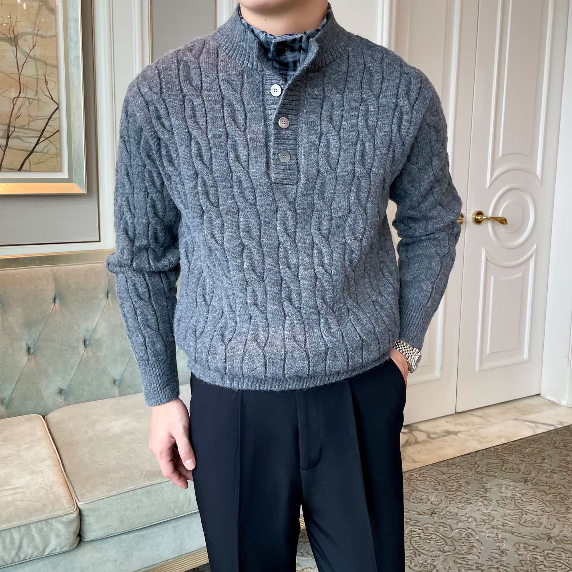 假两件拼接双层半高领男毛衣加厚