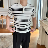 短袖 薄款 POLO衫 条纹透气修身 针织体恤商务休闲翻领T恤 男经典 夏季