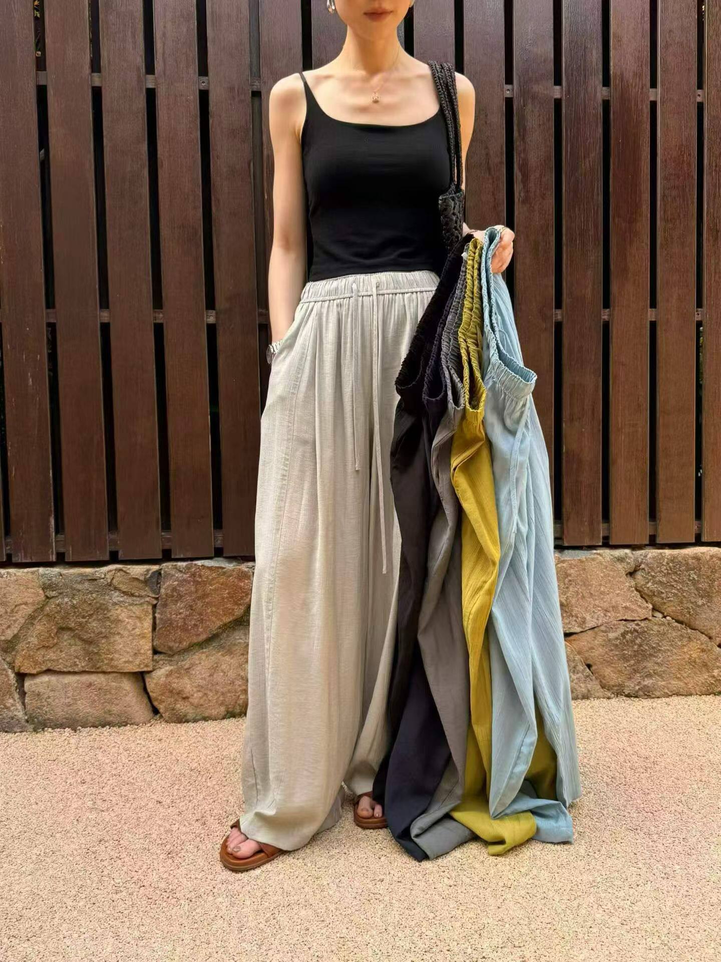 垂顺轻薄凉感天丝棉裤女麻阔女夏宽松裤腿高腰抽绳松弛慵懒拖地