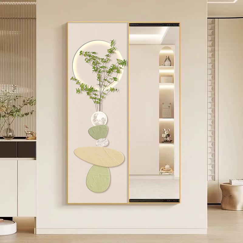 奶油风玄关推拉镜挂画画石来运转全身镜子画画简约小清新隐藏式装
