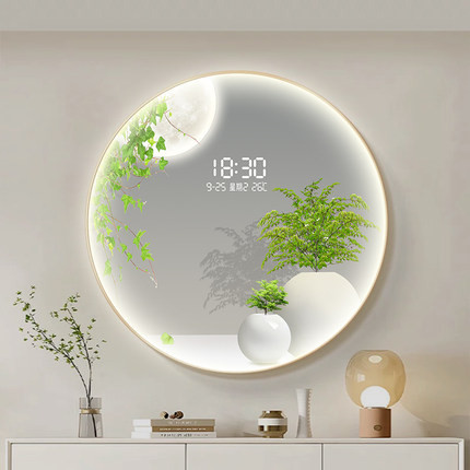 奶油风玄关装饰画餐厅感应LED挂钟家用电子时钟数显圆形创意挂画