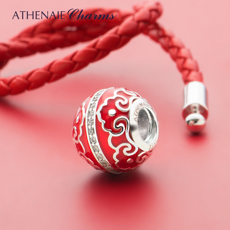 ATHENAIE925银赤瑞祥云珐琅红色串珠 国潮吉祥手链DIY配件 女士款