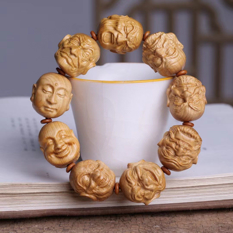 天然太行崖柏十八罗汉手串精雕刻降龙罗汉佛像文玩佛珠手链男士款