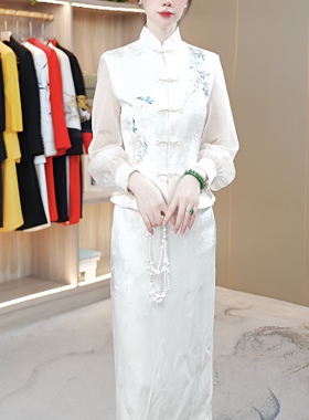 柳燕衔春-88040-2025早秋新款中式国风刺绣立领网纱拼接套裙女