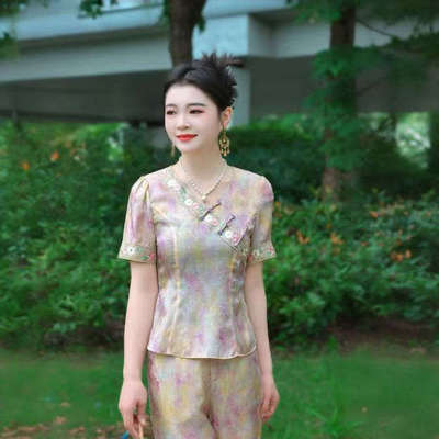 BYGB【云绣芳菲】2025夏款国风高端斜襟显瘦上衣+裤子套装2859
