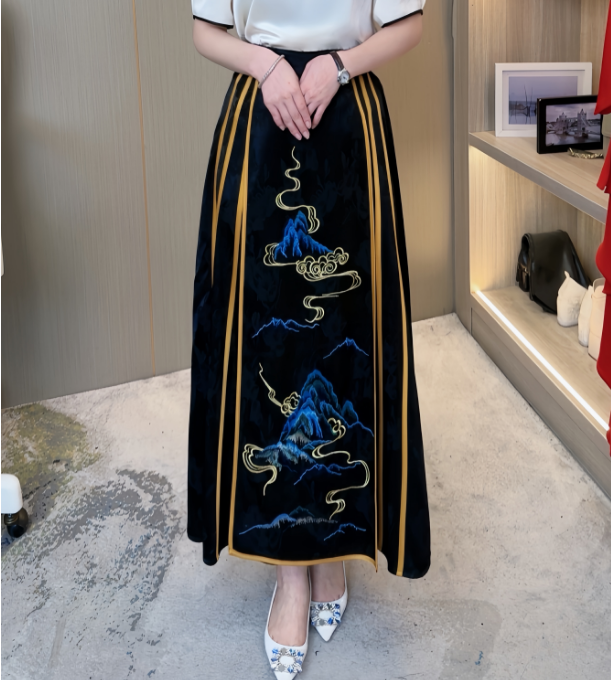 25187早春新款国风刺绣千里江山图拼色条纹马面裙,女装/女士精品,半身裙,淘宝优惠券,粉丝福利购,淘宝优惠卷