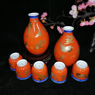 日本进口 皇家御用深川酒具 仙鹤手绘酒杯酒瓶 牡丹花青花染付