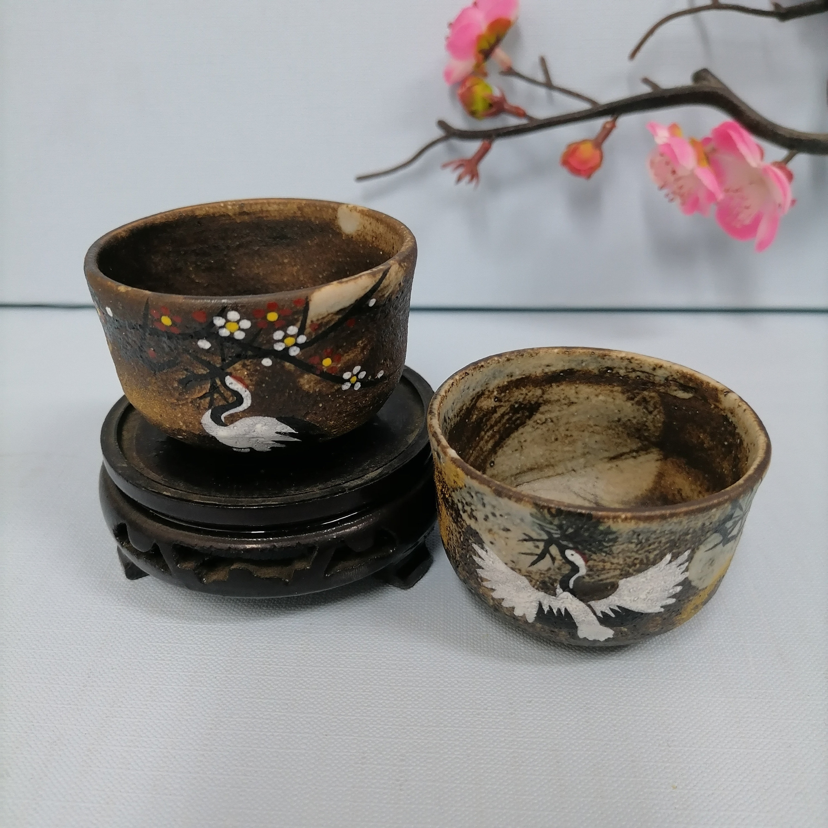 日本进口 京都清水烧 吉祥鹤 手绘 名家名作 陶杯 日式风格 正品