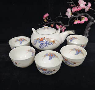 日本进口 香兰社茶具套 一壶五杯 手绘兰花 内外绘 骨瓷 孤品