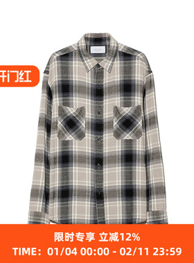 UNUSED 缎面休闲复古格子口袋长袖衬衫