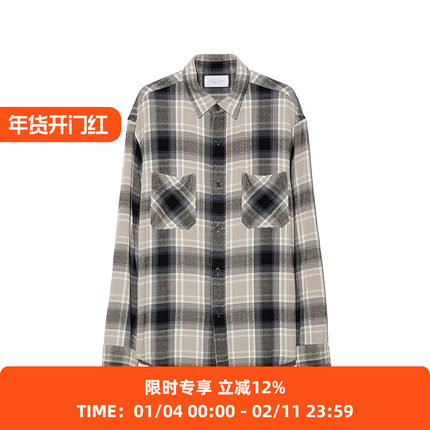 UNUSED 缎面休闲复古格子口袋长袖衬衫