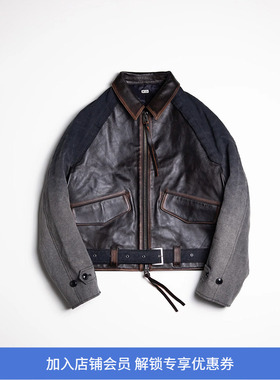 KHOKI Vintage effect leather jacket 复古拼接皮衣