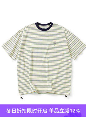 PRIMEE 下摆抽绳廓形条纹短袖圆领T恤