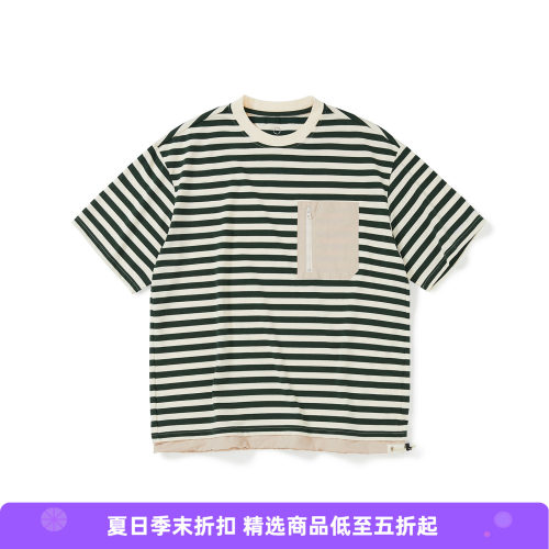 WHEELS and WIND 男女中性款吸湿速干条纹拼接口袋T恤
