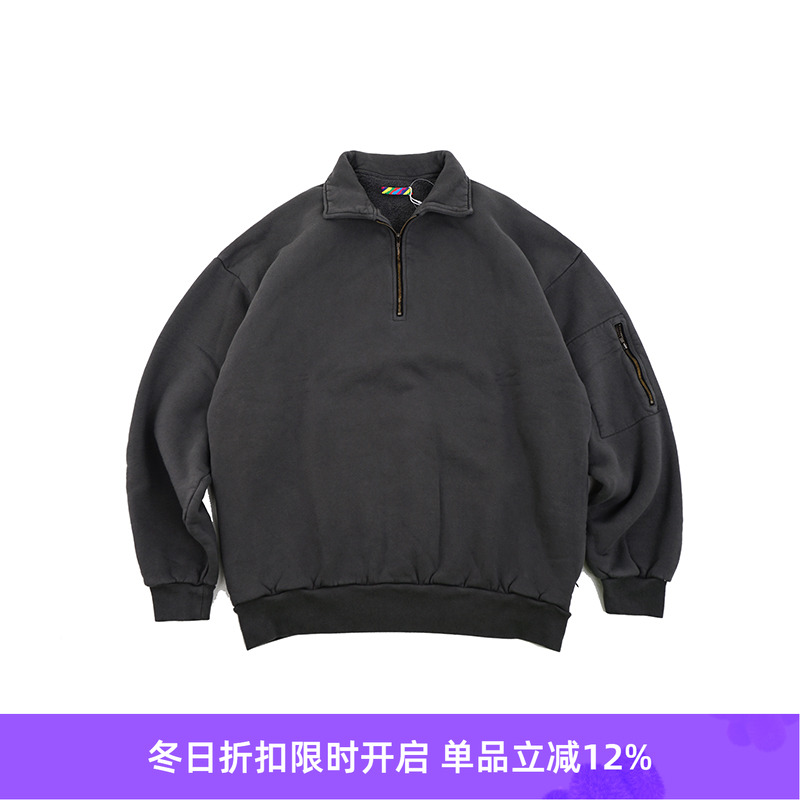 is-ness PIGMENT DYED ZIP 成衣染色宽松廓形半拉链套头卫衣