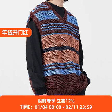 YOKE BORDER MESH KNIT VEST V领棉针织条纹背心