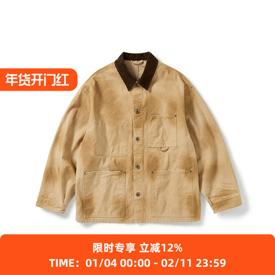 PRIMEE 水洗自然做旧工装夹克 拼接翻领外套