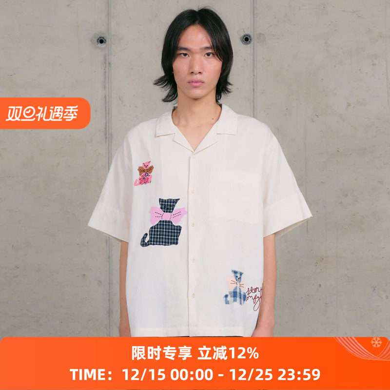 Story mfg GREETINGS SHIRT 男女款手工刺绣拼贴宽松短袖衬衫