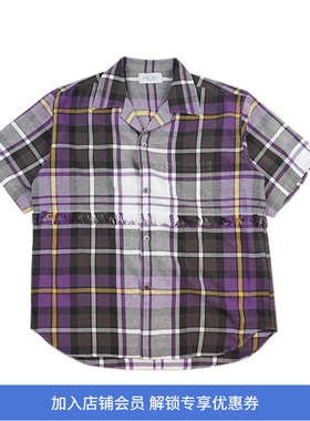 UNUSED FRINGE BIG CHECK SHIRT 水洗做旧流苏拼接格子短袖衬衫