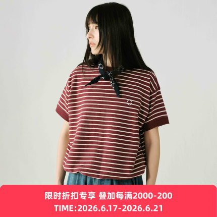 WHEELS and WIND 男女中性款针织条纹宽松圆领短袖T恤