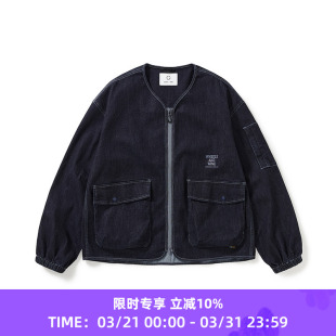 男女中性款 WIND 水洗牛仔机能性耐磨宽松无领夹克外套 and WHEELS