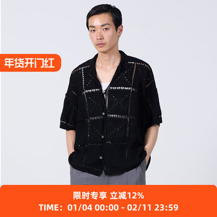 YOKE CROCHET KNIT SHIRT 格子纹理针织短袖衬衫