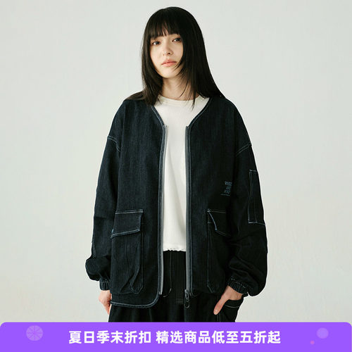 WHEELS and WIND 男女中性款水洗牛仔机能性耐磨宽松无领夹克外套